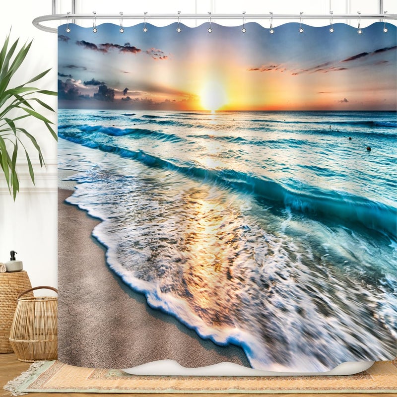 ZXMBF Ocean Shower Curtain Sand Beach Waves Sunrise Lanikai Theme Colorful Offshore Pacific Scenry Pattern Waterproof Fabric Bathroom Decor Set 72x72 Inch Plastic Hooks 12 Pcs Blue - Image 1